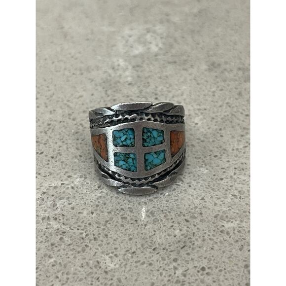 Navajo Sterling Silver turquoise & coral chip Inlay Ring - Size 8.75 - Picture 1 of 8